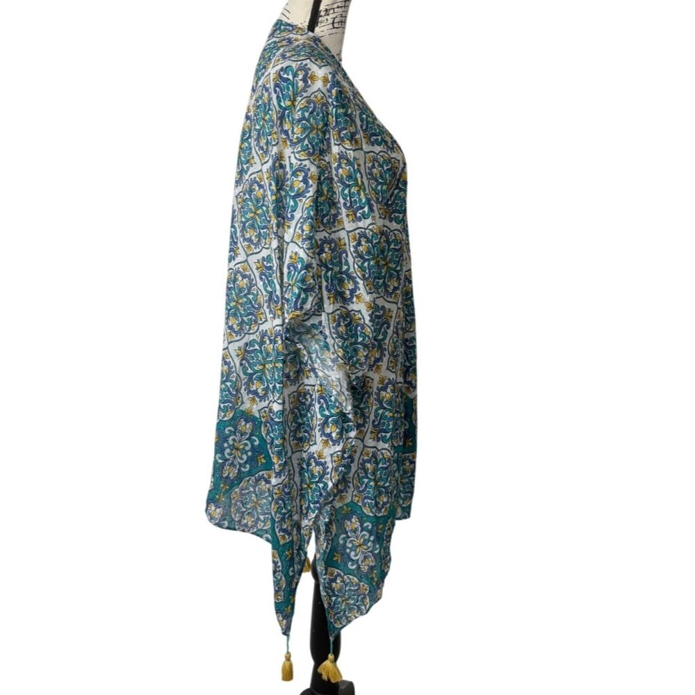 J. Jill Womens Kimono Ruana Cardigan Blue Green Floral Tassels One Size - Picture 2 of 6